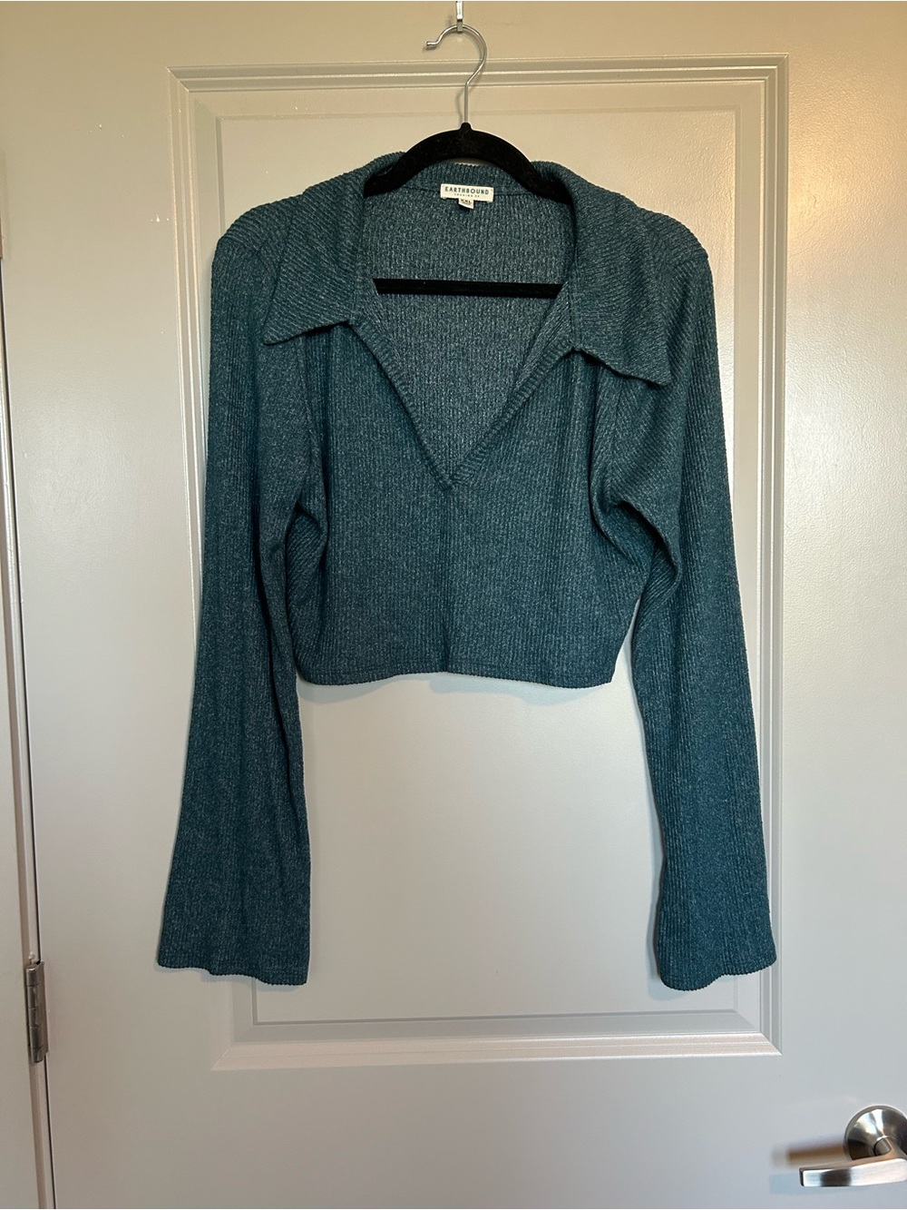 EARTHBOUND Teal Ribbed Knit Cropped Bell sleeve Polo